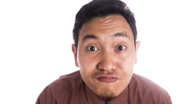 Komik Asya adam yakın çekim ördek yüz gülümseyen