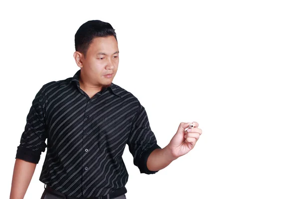 Young Asian Man Writing with Marker on White Copy Space — Stock Photo, Image