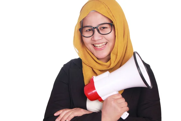 Muslimische Geschäftsfrau mit Megafon — Stockfoto