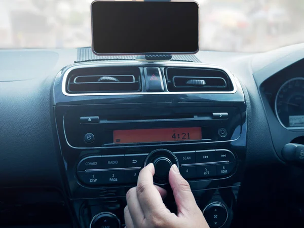 Driver's Hand Press Button on Car Radio — Stock Photo, Image