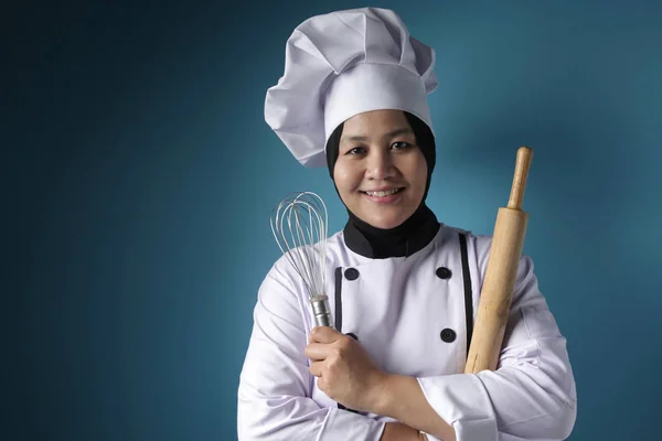 Asian Woman Chef, Baker Holding Kitchen Tools — стокове фото