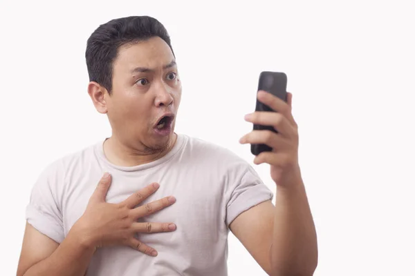 Young Man Texting Reading Chatting on His Phone Sad Crying — Stock Photo, Image