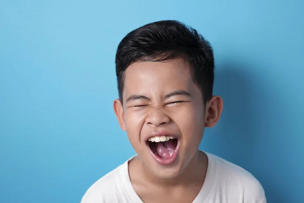 Asiático chico riendo duro, risa en la cámara expresión — Foto de Stock