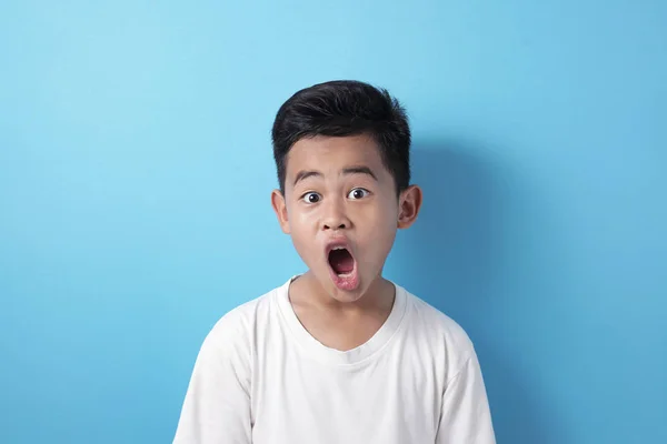 Asiático menino chocado surpreso olhando para a câmera com grandes olhos e boca aberta — Fotografia de Stock