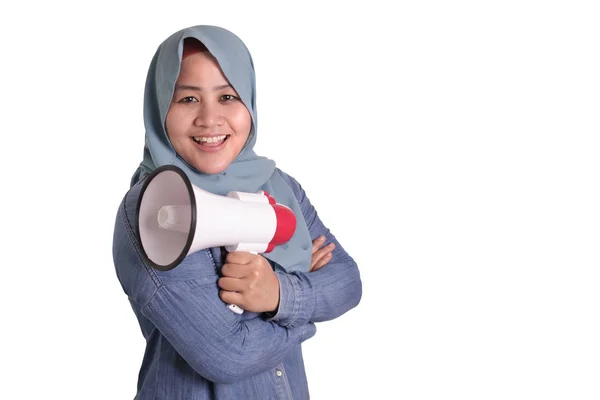 Muslim woman Holding Megaphone, Tough Confident Gesture — Stockfoto