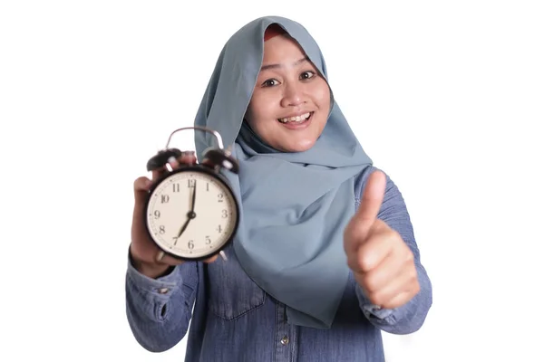 Young Asian Muslim Woman Wearing Hijab Holding Clock Thumbs Smiling — 图库照片