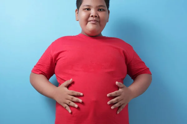 Divertido Lindo Asiático Gordito Muestra Grande Vientre Sonriendo Cámara — Foto de Stock