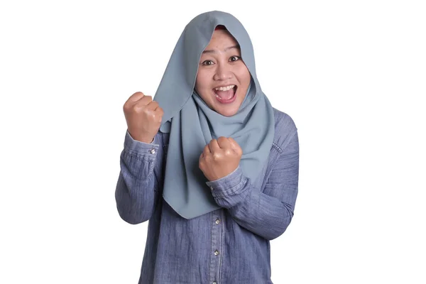 Portrait Success Beautiful Asian Muslim Woman Wearing Hijab Showing Winning — Stok Foto