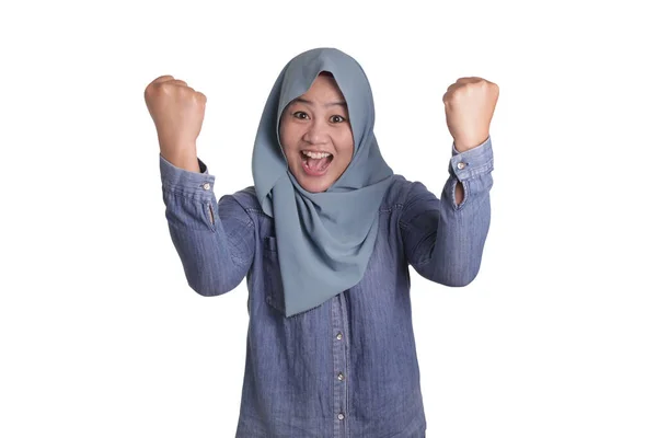 Portrait Success Beautiful Asian Muslim Woman Wearing Hijab Showing Winning — Stok Foto