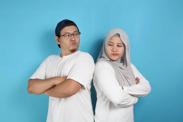 Portrait Asian Muslim Couple Husband Wife Having Fight Argument Each — Stok Foto