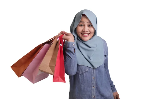 Portrait Happy Asian Muslim Woman Brings Shopping Bags Isolated White — Stock Photo, Image