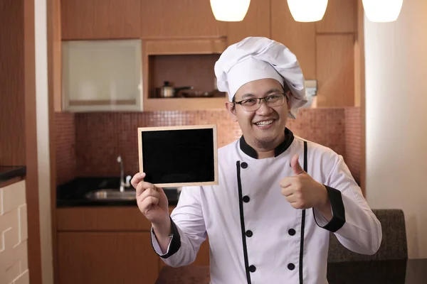 Portrait Asian Male Chef Looks Happy Proud Showing Empty Blackboard — Stock Photo, Image