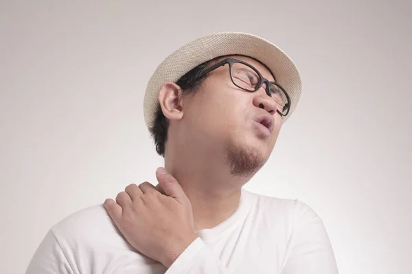 Young Asian Man Wearing White Shirt Having Neck Pain Close — Stock Photo, Image