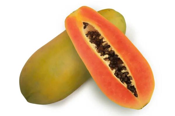 Papaya Entera Rebanada Deliciosas Frutas Frescas Exóticas Saludables Aislado Sobre — Foto de Stock