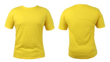 Sarı tişört, ön ve arka görünüş, beyaza izole edilmiş. Sade sarı gömlek modeli. Tshirt tasarım şablonu. Yazdırma için boş t-shirt