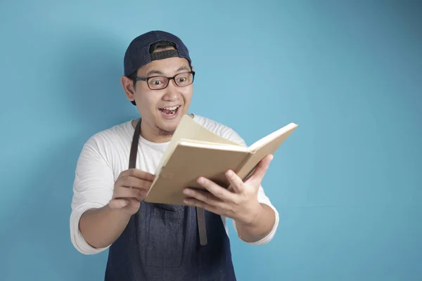 Portrait Asian Male Chef Reading Book Recipes Finding Secret Recipe — Stock Photo, Image