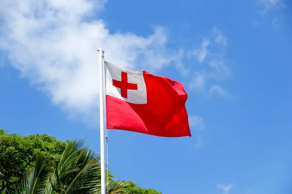 Nationalflagge der Tonga gegen blauen Himmel — Stockfoto