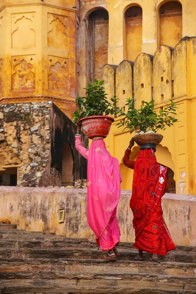 Local women carrying pots with plants on their heads at Amber Fo — Stock Photo, Image