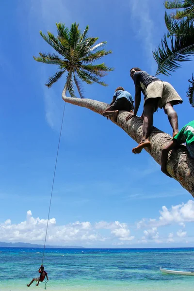 LAVENA, FIDJI - 27 NOVEMBRE : Des enfants non identifiés se balancent sur une truie à corde — Photo