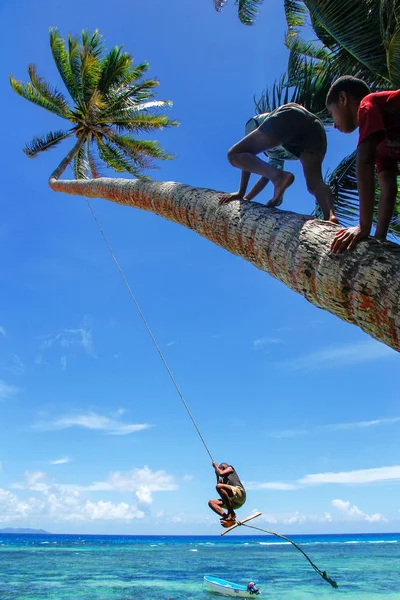 LAVENA, FIDJI - 27 NOVEMBRE : Des enfants non identifiés se balancent sur une truie à corde — Photo