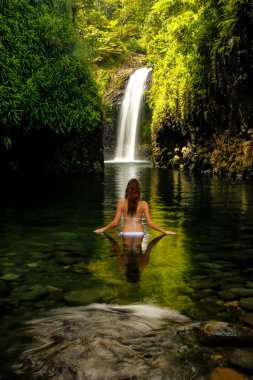 Bikini ayakta Wainibau şelale üzerinde Taveuni adlı genç kadın 