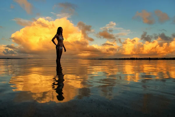 Mulher silhueta de pé em uma água ao pôr do sol em Taveuni Islan — Fotografia de Stock