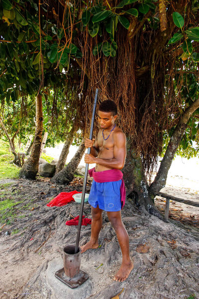 LAVENA, FIJI - NOVEMBER 26: Unidentified man pounds kava roots o