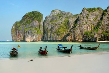 Phi Phi Leh Adası, Krabi Maya koyunda demirlemiş Longtail tekneler