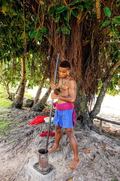 LAVENA, FIJI - 26 NOVEMBRE: L'uomo non identificato libra le radici di kava o — Foto Stock