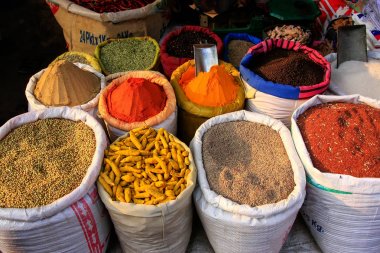 Tahıl ve baharat Fatehpur Sikri, Uttar Pradesh, Hindistan sokak pazarında, görüntüleme.