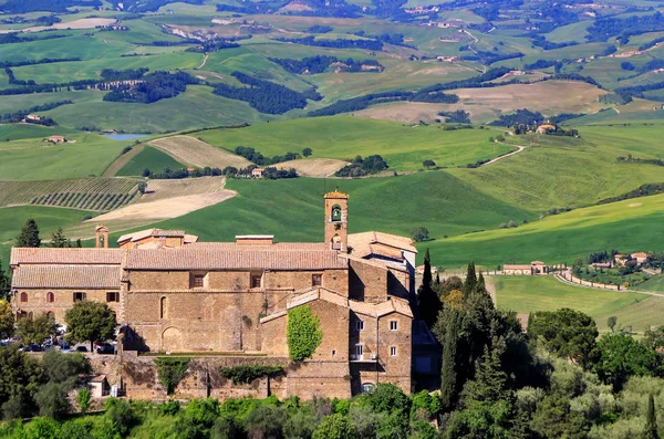 Old Church Farm Fields Montalcino Town Val Orcia Tuscany Italy — Stock Photo, Image