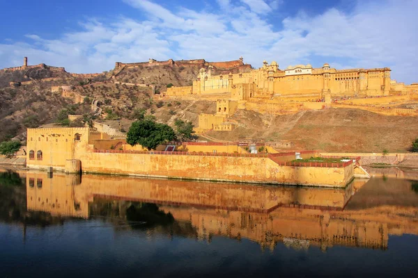 Amber Fort Refletiu Maota Lake Perto Jaipur Rajasthan Índia Amber — Fotografia de Stock