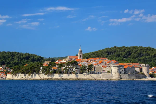 Kilátás Korcula Óvárosra Horvátország Korcula Történelmi Erődített Város Korcula Szigetének — Stock Fotó
