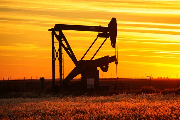 Silhouetted Pumpjack Polu Naftowym Zachodzie Słońca — Zdjęcie stockowe