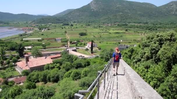 Pohled Město Ston Jeho Obrannou Zeď Poloostrov Pelješac Chorvatsko Ston — Stock video