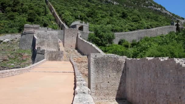 Defensieve Muren Van Ston Stad Schiereiland Peljesac Kroatië Ston Een — Stockvideo