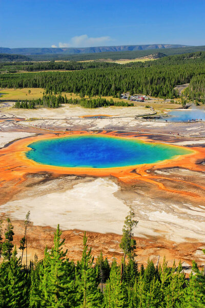 Aerial view of Grand Prismatic Spring in Midway Geyser Basin, Yellowstone National Park, Wyoming, USA. It is the largest hot spring in the United States