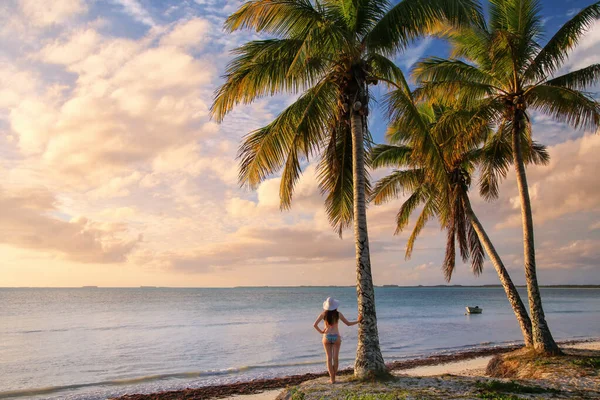 Femme Debout Près Des Palmiers Sur Côte Lagune Ouvea Sur — Photo