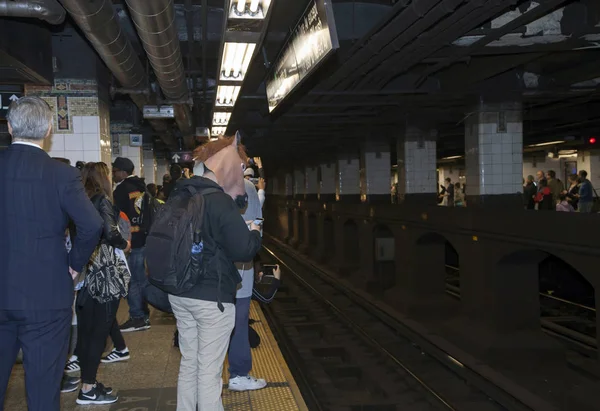 Homem vestindo cabeça de cavalo esperando por trem no metrô de Manhattan — Fotografia de Stock