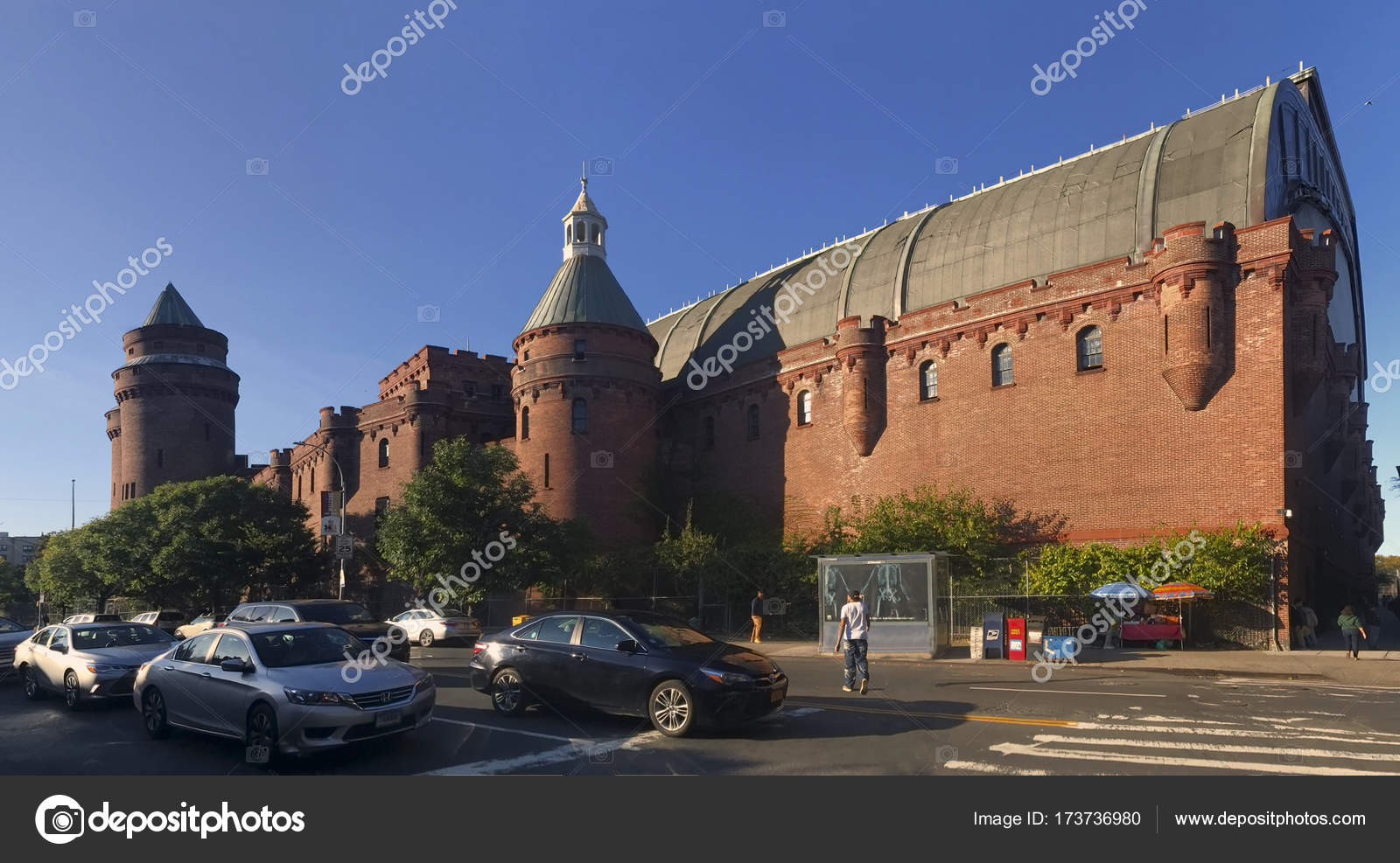 Panoramic view of Kingsbridge Armory and street in the Bronx Stock
