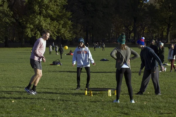Gruppe von Freunden spielen Spikeball Central Park ny — Stockfoto