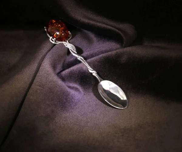 Amber Souvenir Silver Teaspoons Amber Decorative Elements — Stock Photo, Image