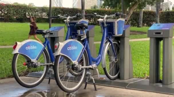位于迈阿密市中心海湾市场的花旗银行自行车出租站关闭花旗银行自行车的视频 — 图库视频影像