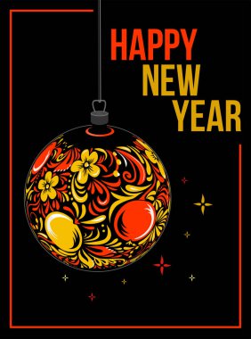Yeni yıl kutlamaları ve Khokhloma desenli Noel balosuyla süslenmiş bir poster.