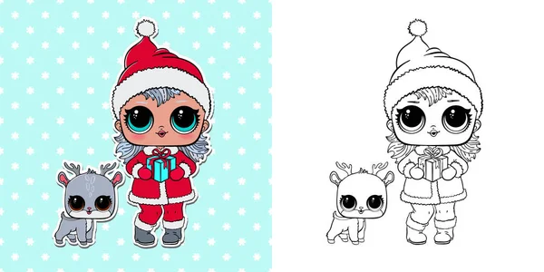 Çizgi Sanatı Sevimli Bebek Fawn ve Lol Doll Noel Baba Vektör İllüstrasyonu gibi giyinmiş. Boyama kitabı bebeği için özet.