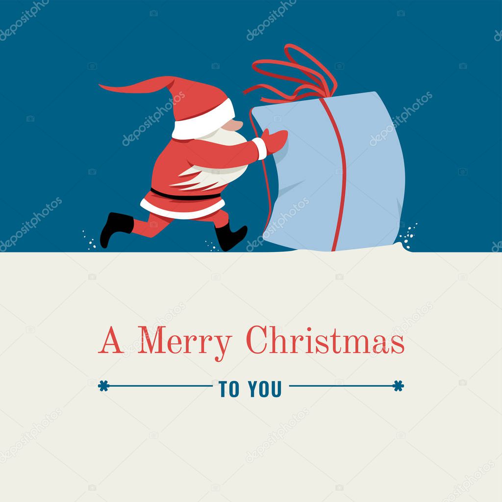 Greeting card with Santa running and pushing a great gift.