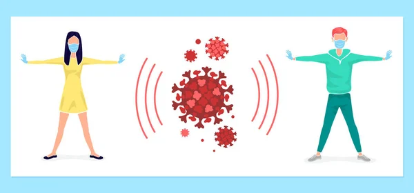 Ilustracja Odległości Społecznej Mężczyzną Kobietą Utrzymujących Dystans Społeczny Unikając Wirusów — Wektor stockowy