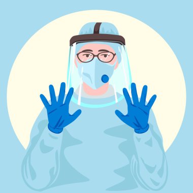 Koruyucu tıbbi maske takan bir doktor ya da hemşire, yüz kalkanı, koruyucu elbise ve tıbbi tek kullanımlık mavi eldivenler.