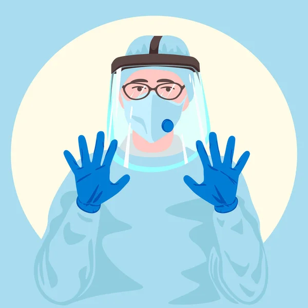 Koruyucu tıbbi maske takan bir doktor ya da hemşire, yüz kalkanı, koruyucu elbise ve tıbbi tek kullanımlık mavi eldivenler.