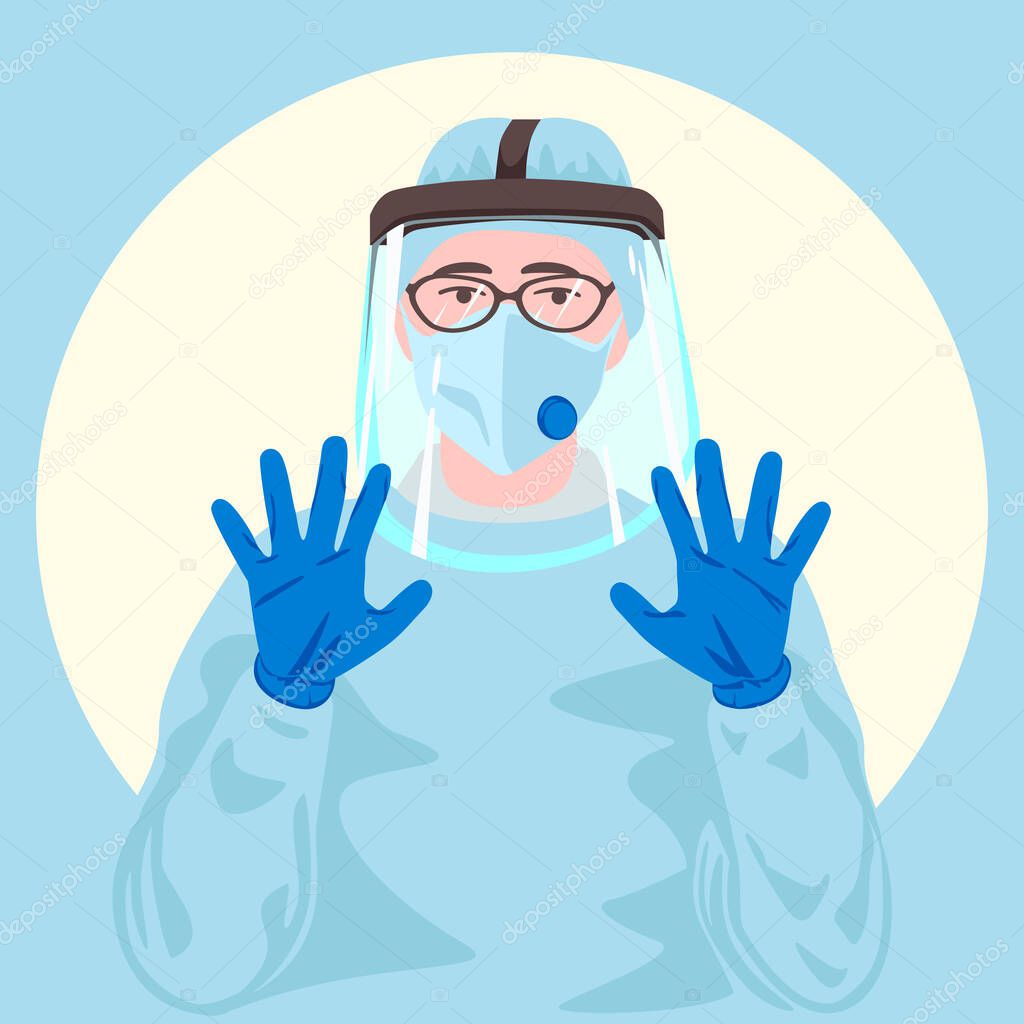 A doctor or a nurse wearing protective medical face mask, face shield, protective gown and medical disposable blue gloves